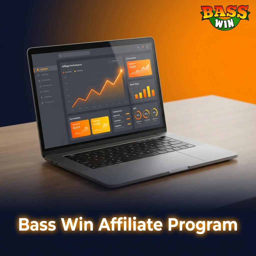Bass Win affiliate dashboard displaying revenue-share percentages, player tracking metrics, and marketing tools