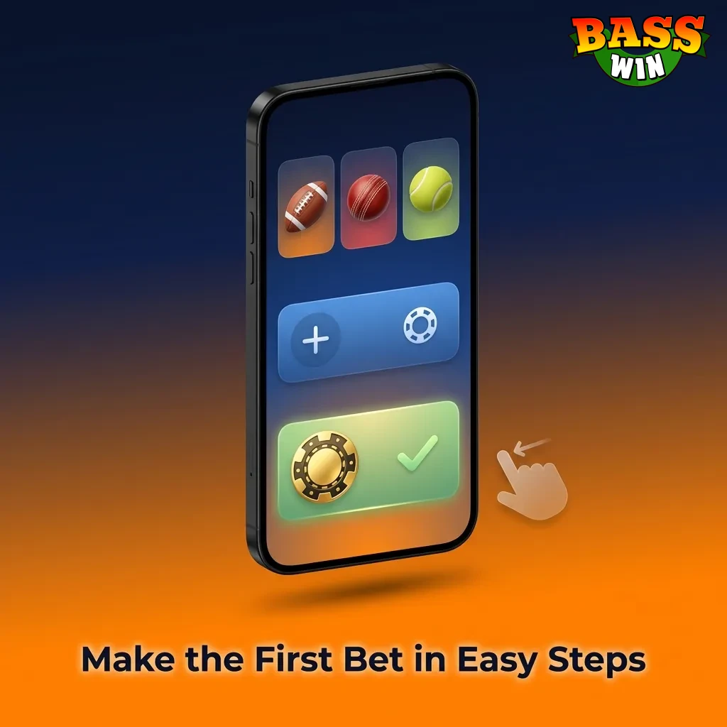 Sports betting interface showing five simple steps to place first wager on Bass Win platform