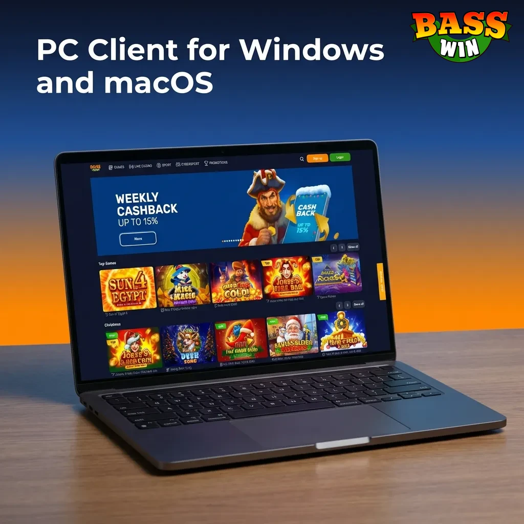 Bass Win website interface on desktop browser showing betting platform accessible on Windows and macOS