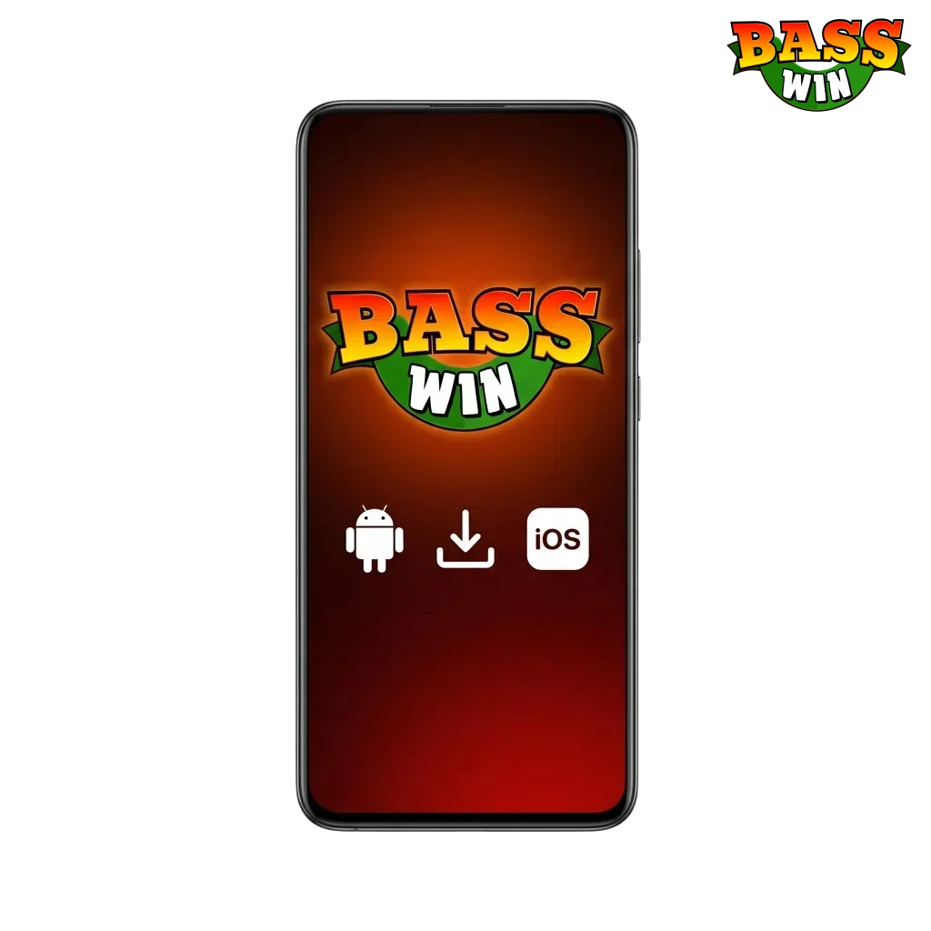 Bass Win mobile app download page showing casino games and welcome bonus offers for Android and iOS devices