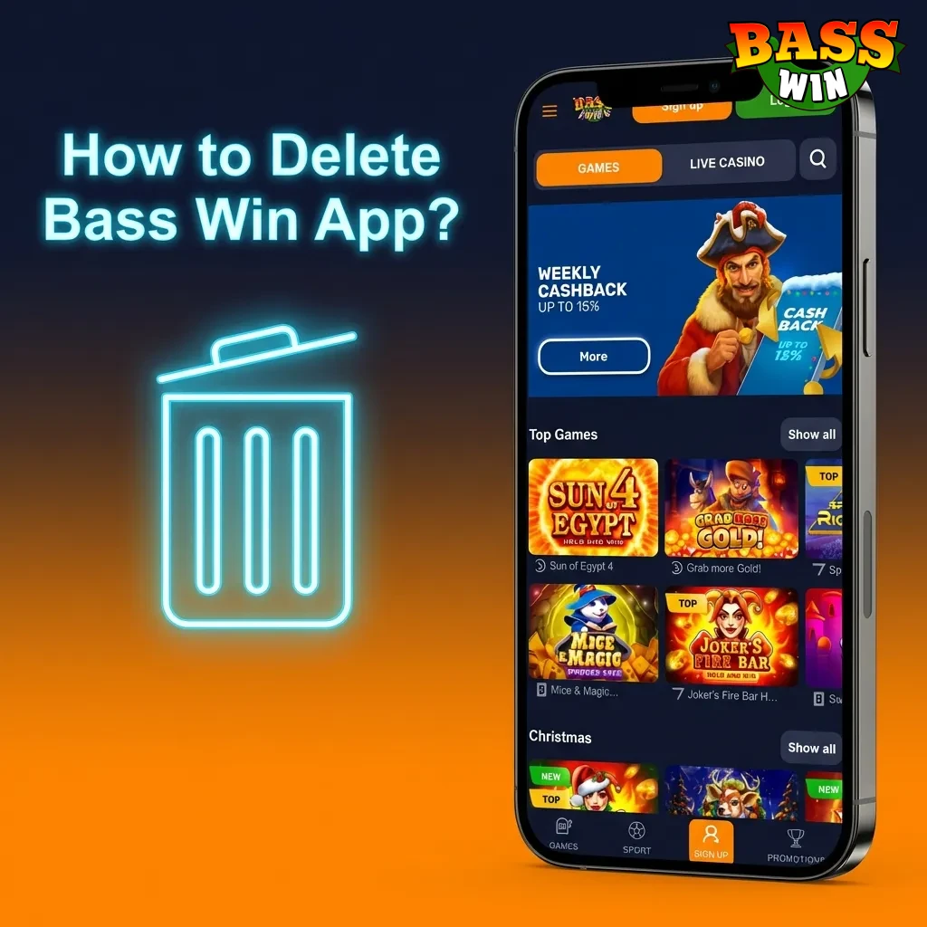 User uninstalling Bass Win app by holding icon and selecting uninstall option on mobile device screen
