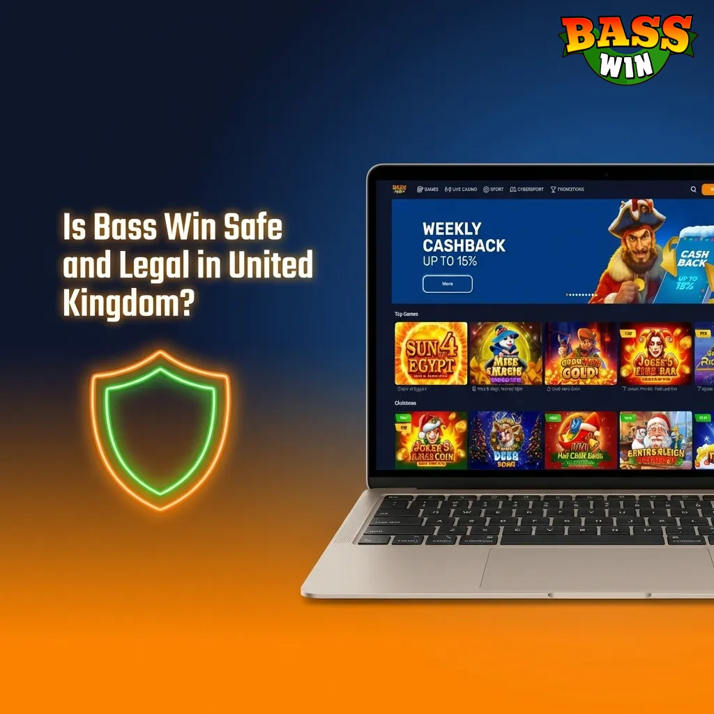 Bass Win UK online casino with Curacao license, SSL security lock, and RNG certification badge on screen