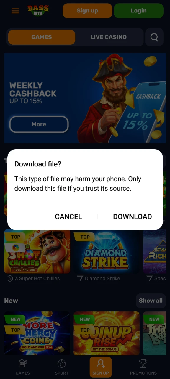 Approve the download of the Basswin APK file.
