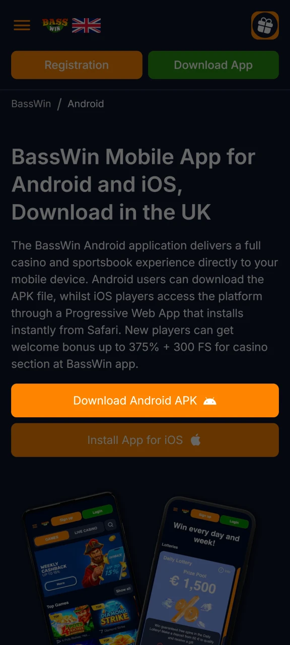 Click Download Android APK to get the Basswin app.