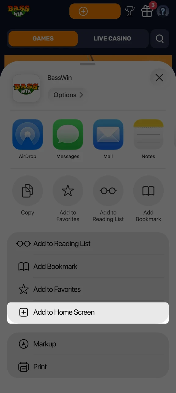 Find Add to Home Screen in the menu to add the Basswin app.