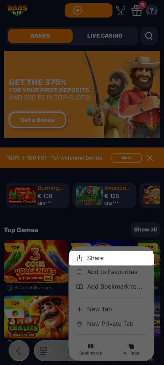 Tap Share to open the browser menu and add Basswin to your home screen.