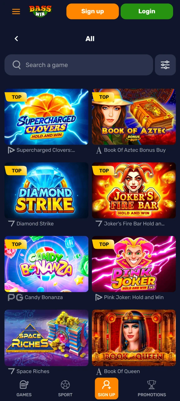 Play slots, roulette, table games, blackjack, and other games on the Basswin app.
