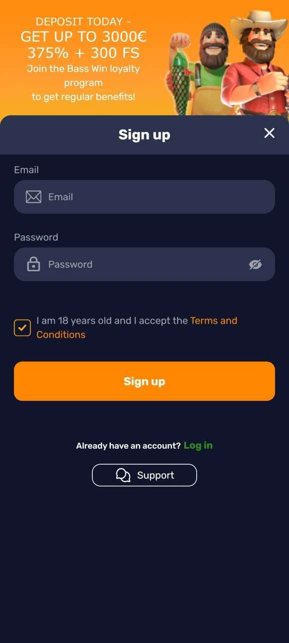 Download the Basswin app and sign up.