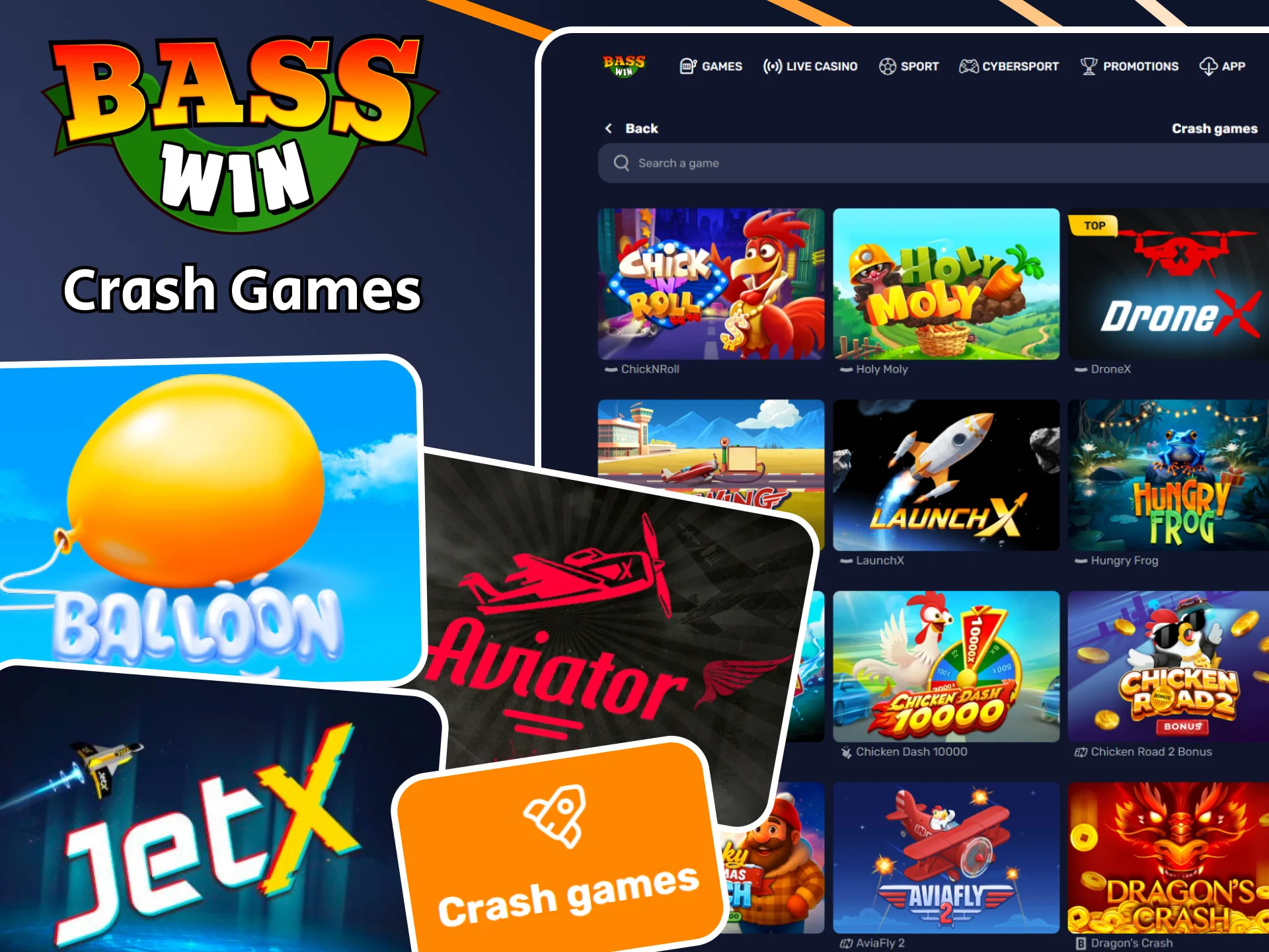 Win big prizes in the Crash Games section on the Basswin website.