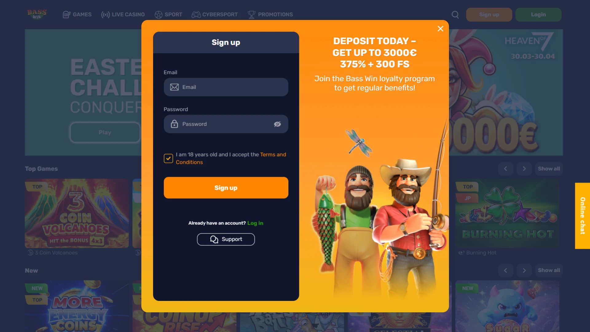 Sign up to play and place bets at Basswin.